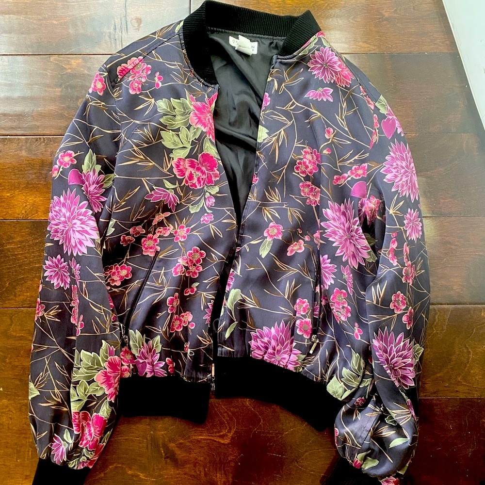 Vintage Floral Silk Bomber Jacket with Pockets